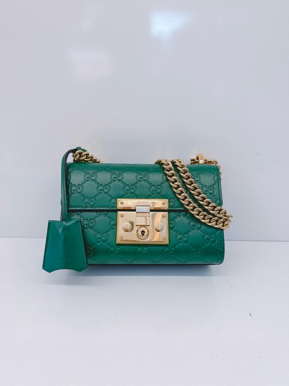 GREEN GUCCISIMA LEATHER SMALL PADLOCK CHAIN SHOULDER BAG