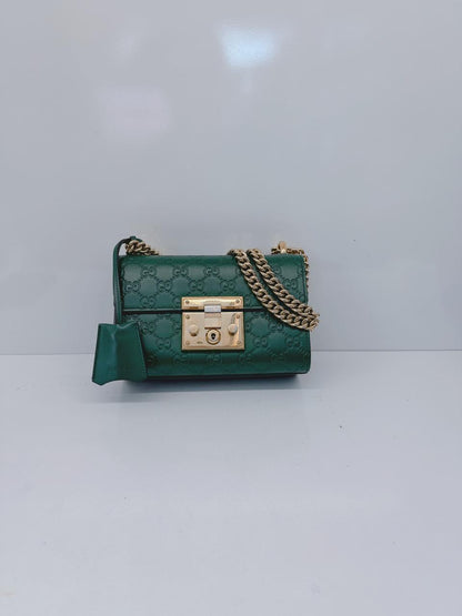 GREEN GUCCISIMA LEATHER SMALL PADLOCK CHAIN SHOULDER BAG
