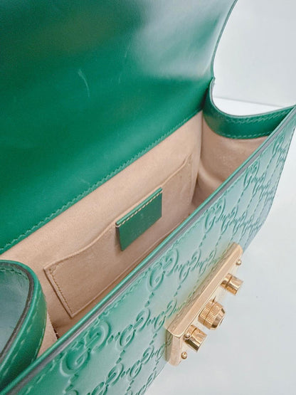 GREEN GUCCISIMA LEATHER SMALL PADLOCK CHAIN SHOULDER BAG