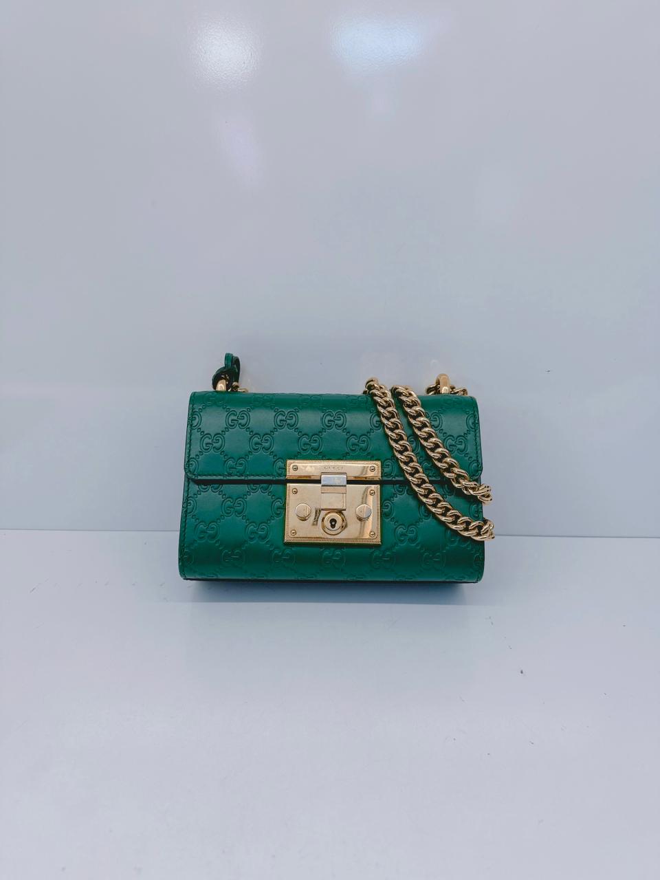 GREEN GUCCISIMA LEATHER SMALL PADLOCK CHAIN SHOULDER BAG