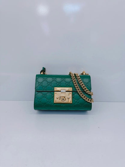 GREEN GUCCISIMA LEATHER SMALL PADLOCK CHAIN SHOULDER BAG