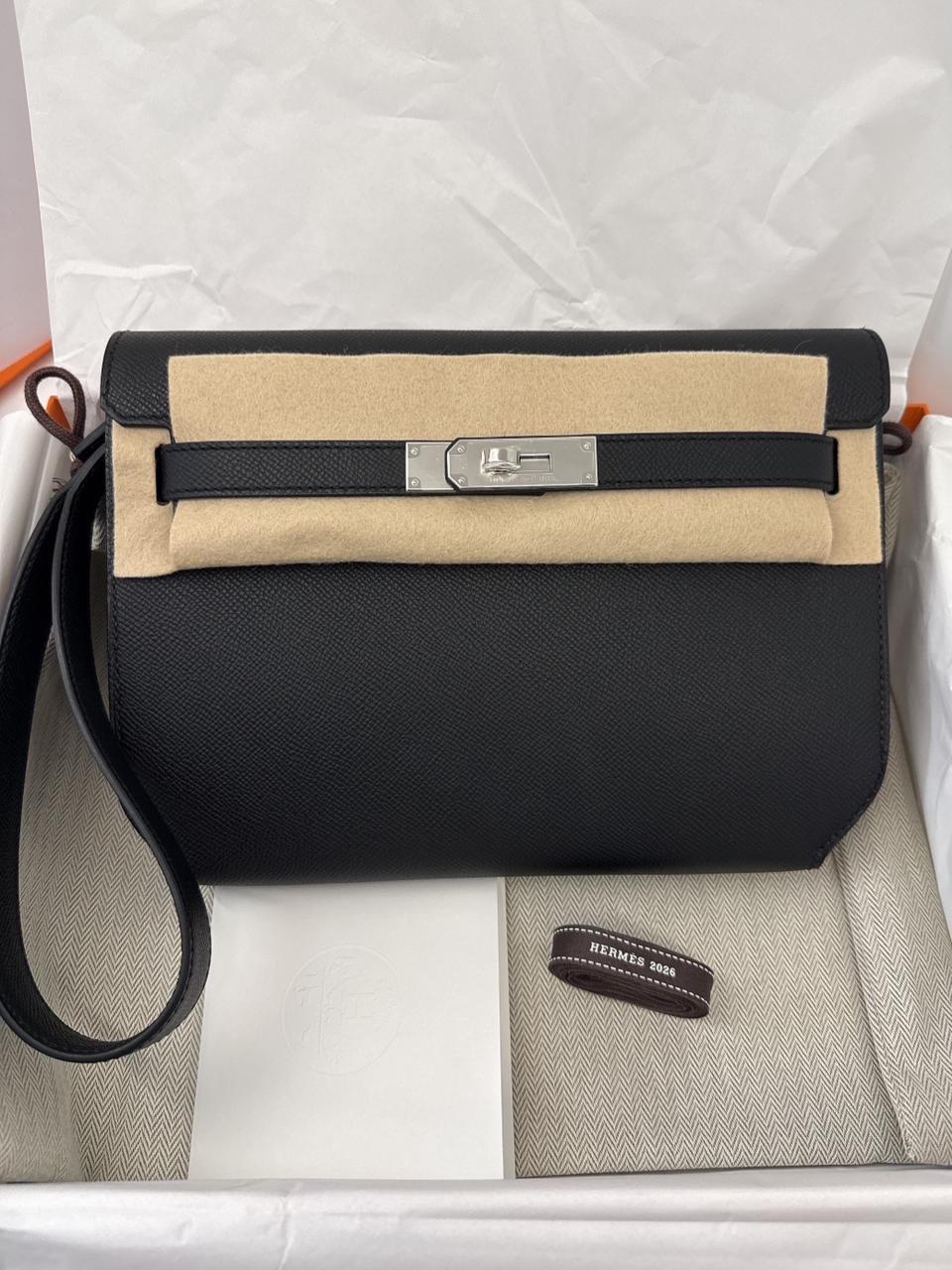 BLACK EPSOM LEATHER KELLY DEPECHES 25 PALLADIUM HARDWARE