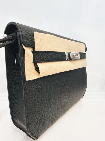 BLACK EPSOM LEATHER KELLY DEPECHES 25 PALLADIUM HARDWARE