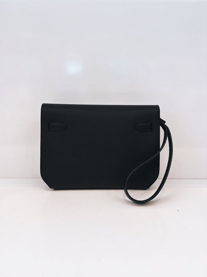 BLACK EPSOM LEATHER KELLY DEPECHES 25 PALLADIUM HARDWARE