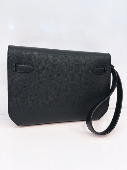 BLACK EPSOM LEATHER KELLY DEPECHES 25 PALLADIUM HARDWARE