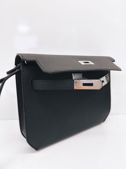 BLACK EPSOM LEATHER KELLY DEPECHES 25 PALLADIUM HARDWARE