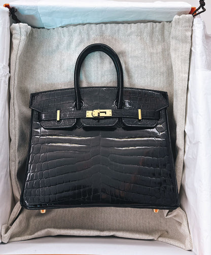 BLACK CROCODILE NILOTICUS LISSE BIRKIN 25 GOLD HARDWARE