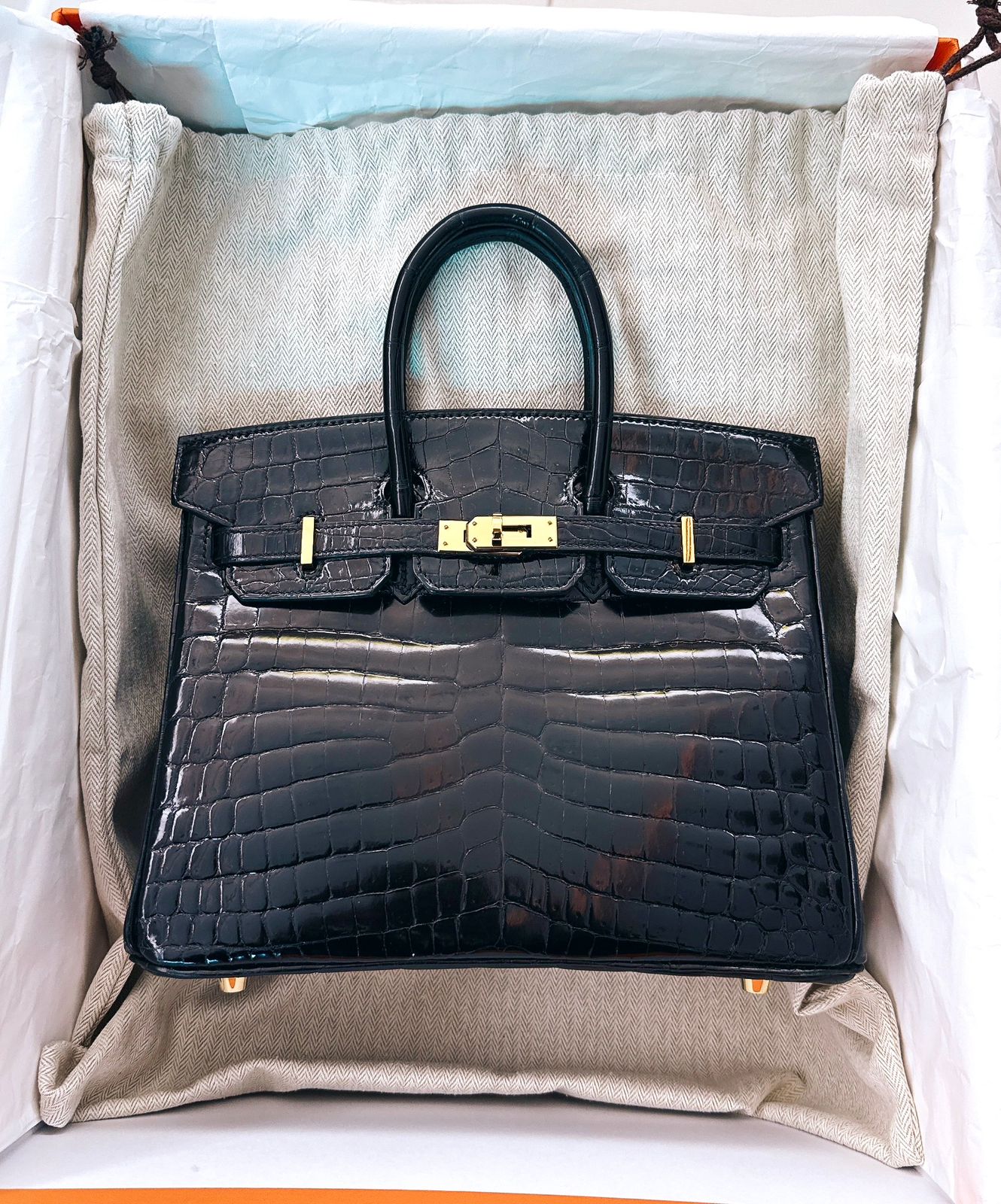 BLACK CROCODILE NILOTICUS LISSE BIRKIN 25 GOLD HARDWARE