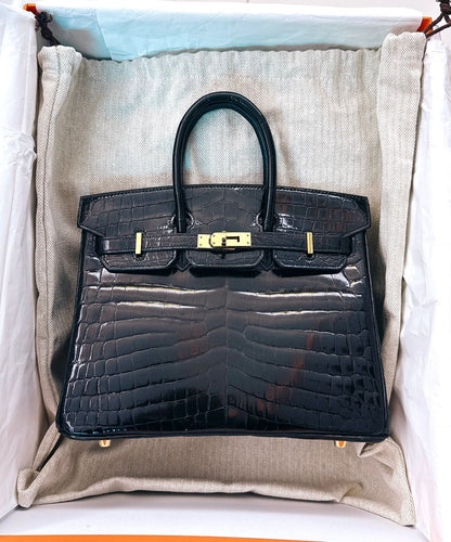 BLACK CROCODILE NILOTICUS LISSE BIRKIN 25 GOLD HARDWARE