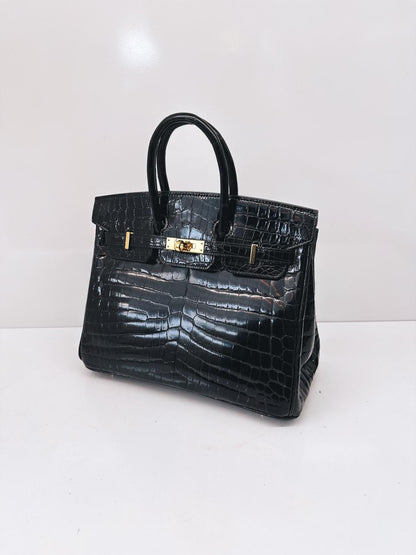 BLACK CROCODILE NILOTICUS LISSE BIRKIN 25 GOLD HARDWARE