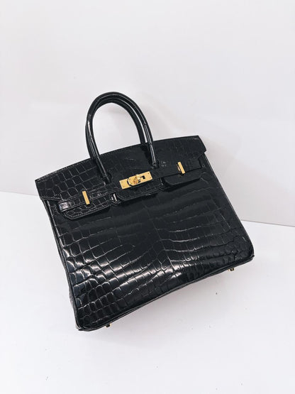 BLACK CROCODILE NILOTICUS LISSE BIRKIN 25 GOLD HARDWARE