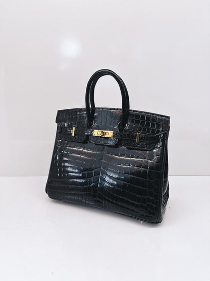 BLACK CROCODILE NILOTICUS LISSE BIRKIN 25 GOLD HARDWARE
