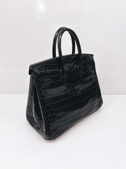BLACK CROCODILE NILOTICUS LISSE BIRKIN 25 GOLD HARDWARE