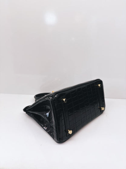 BLACK CROCODILE NILOTICUS LISSE BIRKIN 25 GOLD HARDWARE