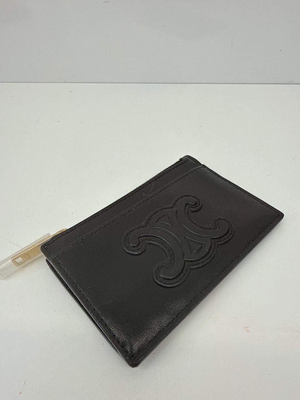 BLACK SHINY CALFSKIN ZIPPED TRIOMPHE CARD HOLDER