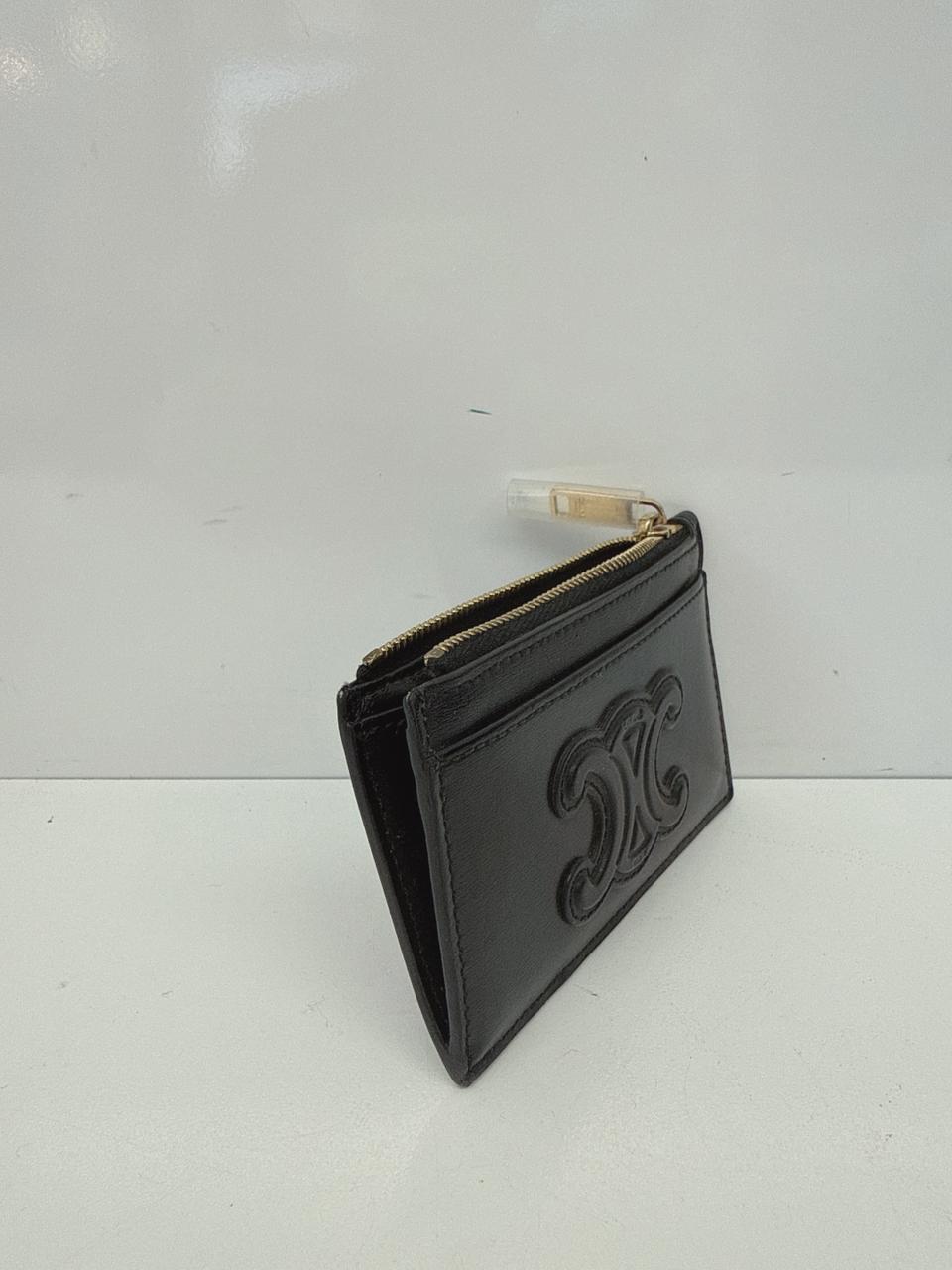 BLACK SHINY CALFSKIN ZIPPED TRIOMPHE CARD HOLDER