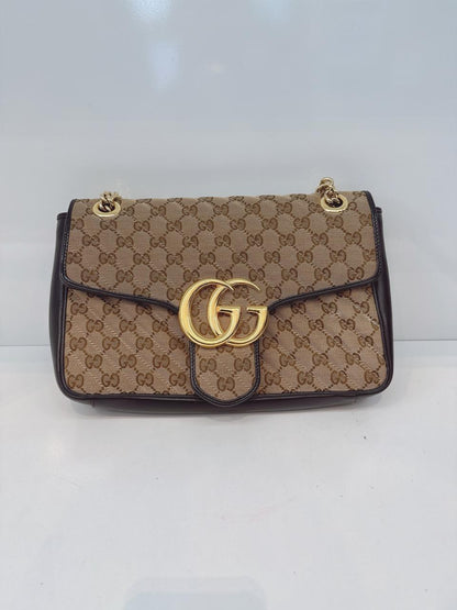 BEIGE BLACK MEDIUM GG MARMONT MATELASSE AND CANVAS SHOULDER BAG