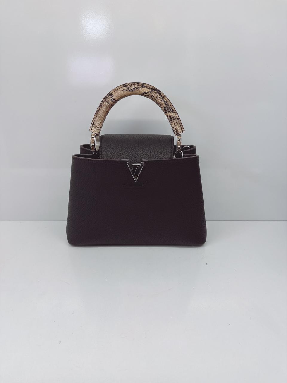 BLACK TAURILLON LEATHER CAPUCINES BB WITH PYTHON SKIN TOP HANDLE BAG