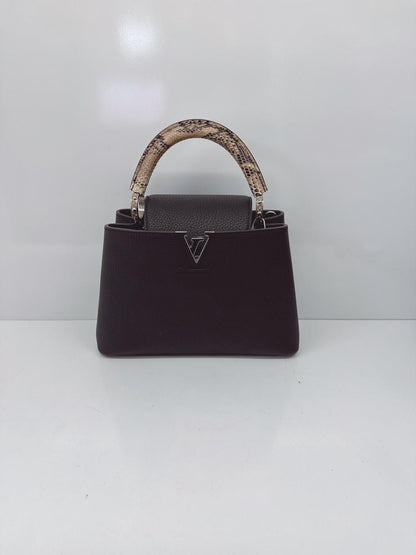 BLACK TAURILLON LEATHER CAPUCINES BB WITH PYTHON SKIN TOP HANDLE BAG