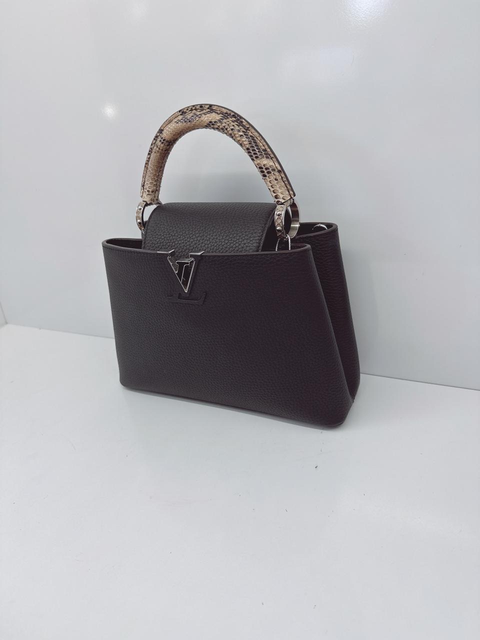 BLACK TAURILLON LEATHER CAPUCINES BB WITH PYTHON SKIN TOP HANDLE BAG