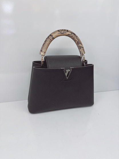 BLACK TAURILLON LEATHER CAPUCINES BB WITH PYTHON SKIN TOP HANDLE BAG