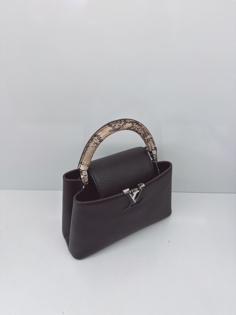 BLACK TAURILLON LEATHER CAPUCINES BB WITH PYTHON SKIN TOP HANDLE BAG