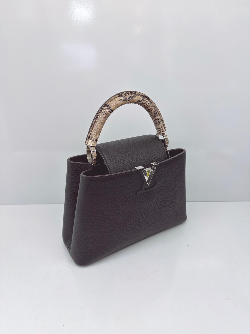 BLACK TAURILLON LEATHER CAPUCINES BB WITH PYTHON SKIN TOP HANDLE BAG