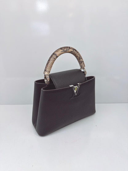 BLACK TAURILLON LEATHER CAPUCINES BB WITH PYTHON SKIN TOP HANDLE BAG