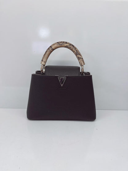 BLACK TAURILLON LEATHER CAPUCINES BB WITH PYTHON SKIN TOP HANDLE BAG