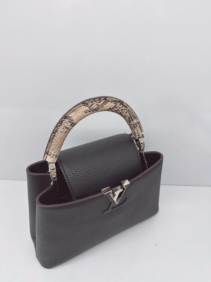 BLACK TAURILLON LEATHER CAPUCINES BB WITH PYTHON SKIN TOP HANDLE BAG