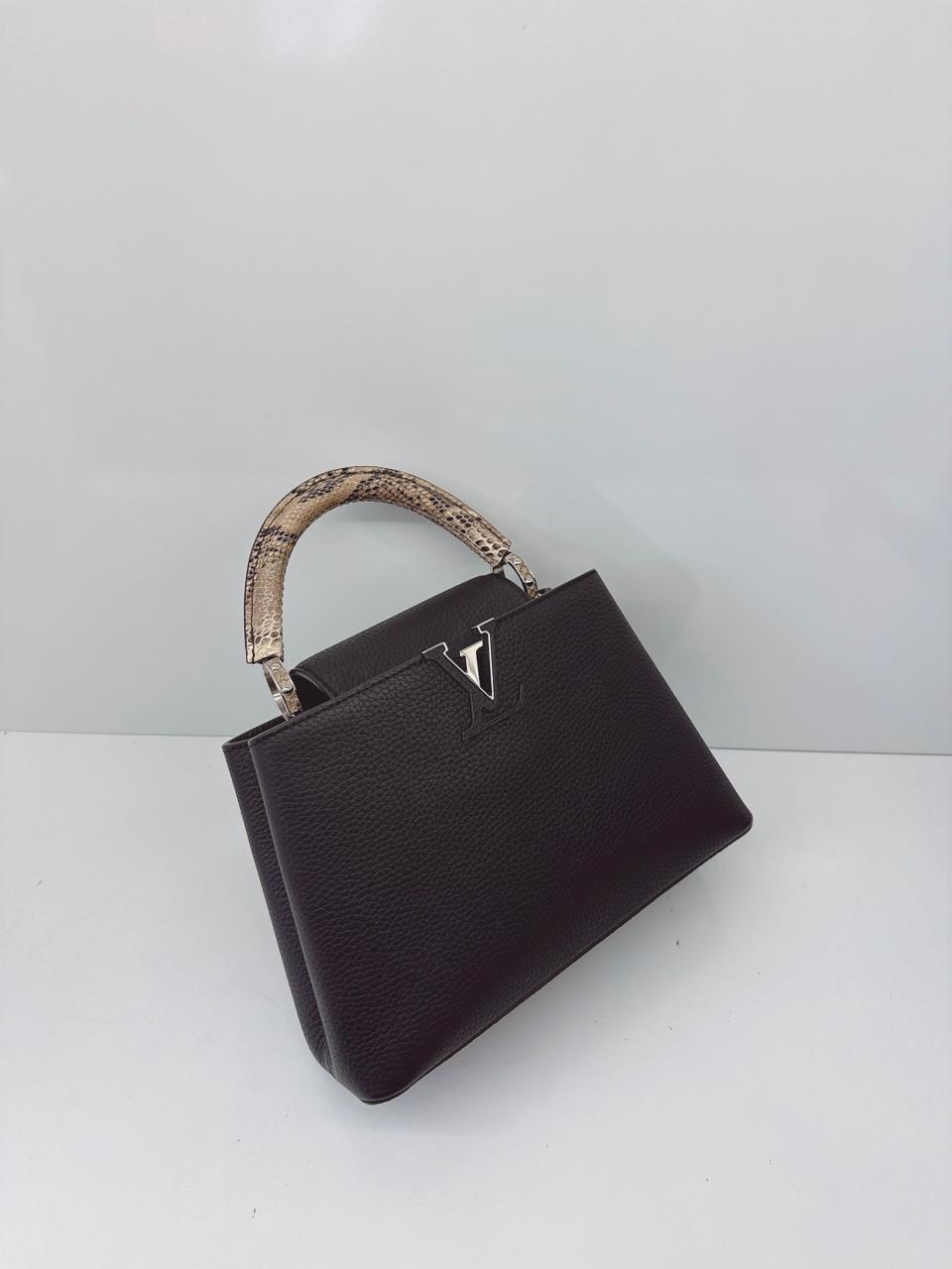 BLACK TAURILLON LEATHER CAPUCINES BB WITH PYTHON SKIN TOP HANDLE BAG