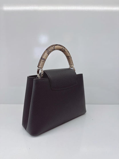 BLACK TAURILLON LEATHER CAPUCINES BB WITH PYTHON SKIN TOP HANDLE BAG