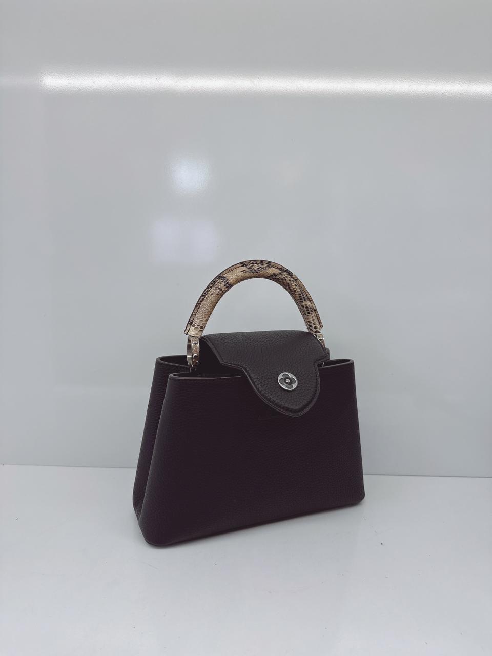 BLACK TAURILLON LEATHER CAPUCINES BB WITH PYTHON SKIN TOP HANDLE BAG
