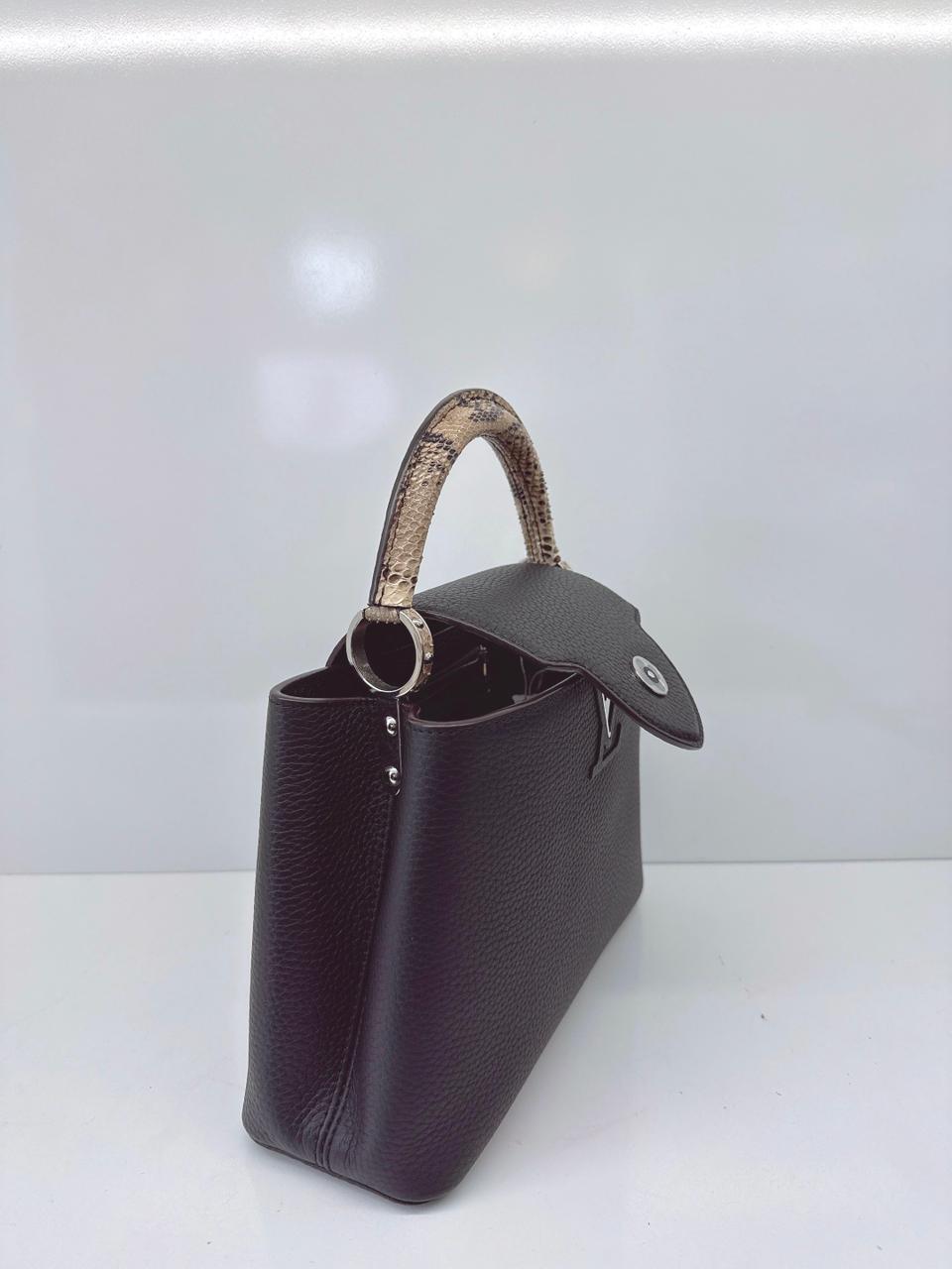 BLACK TAURILLON LEATHER CAPUCINES BB WITH PYTHON SKIN TOP HANDLE BAG