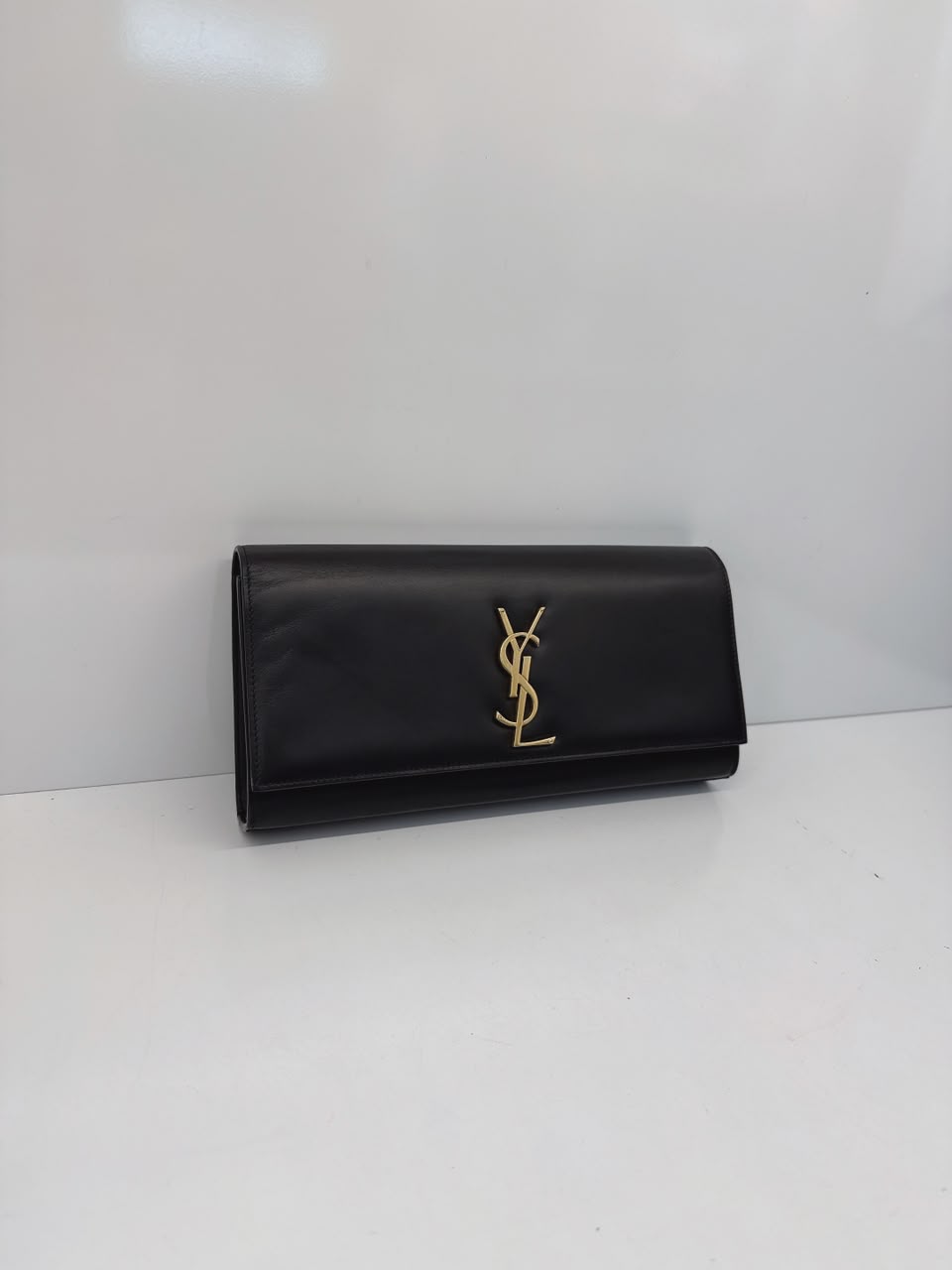 BLACK LEATHER KATE FLAP CLUTCH BAG