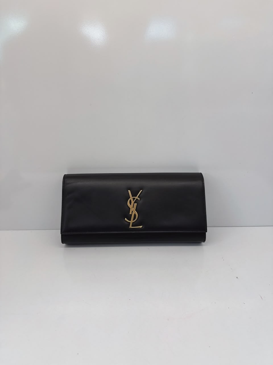 BLACK LEATHER KATE FLAP CLUTCH BAG