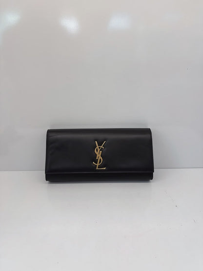 BLACK LEATHER KATE FLAP CLUTCH BAG