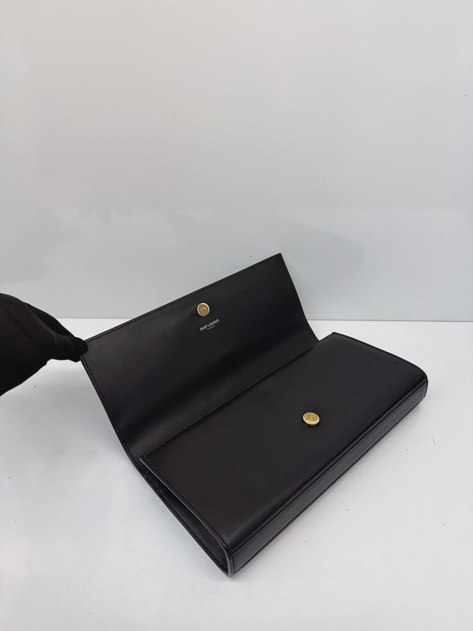 BLACK LEATHER KATE FLAP CLUTCH BAG