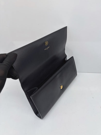 BLACK LEATHER KATE FLAP CLUTCH BAG