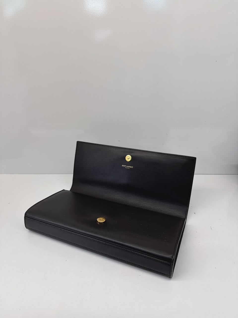 BLACK LEATHER KATE FLAP CLUTCH BAG