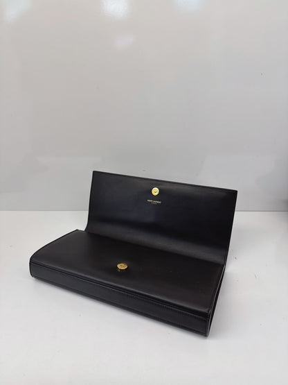 BLACK LEATHER KATE FLAP CLUTCH BAG