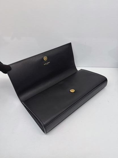 BLACK LEATHER KATE FLAP CLUTCH BAG