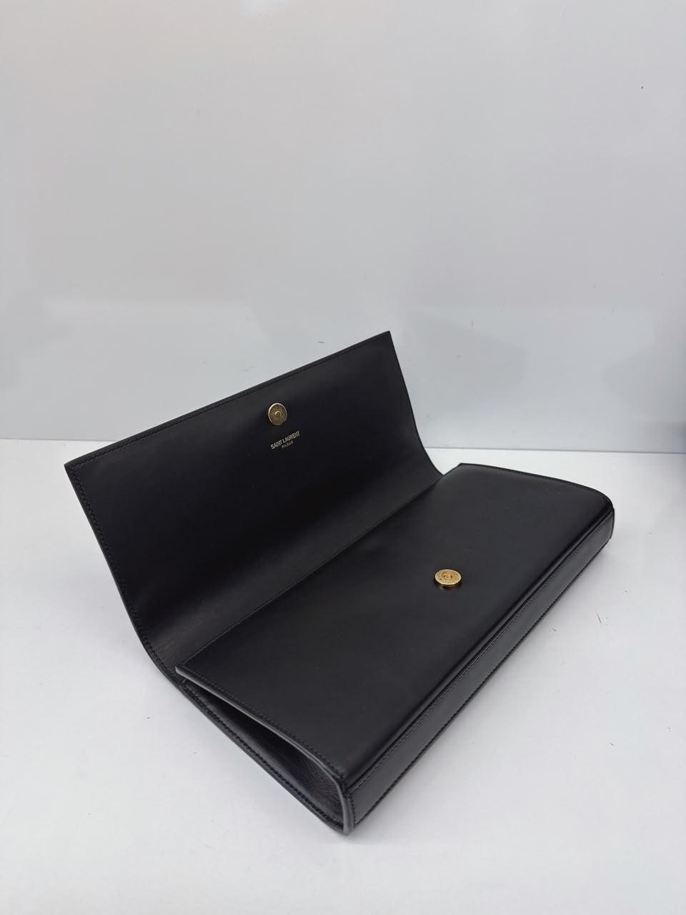 BLACK LEATHER KATE FLAP CLUTCH BAG