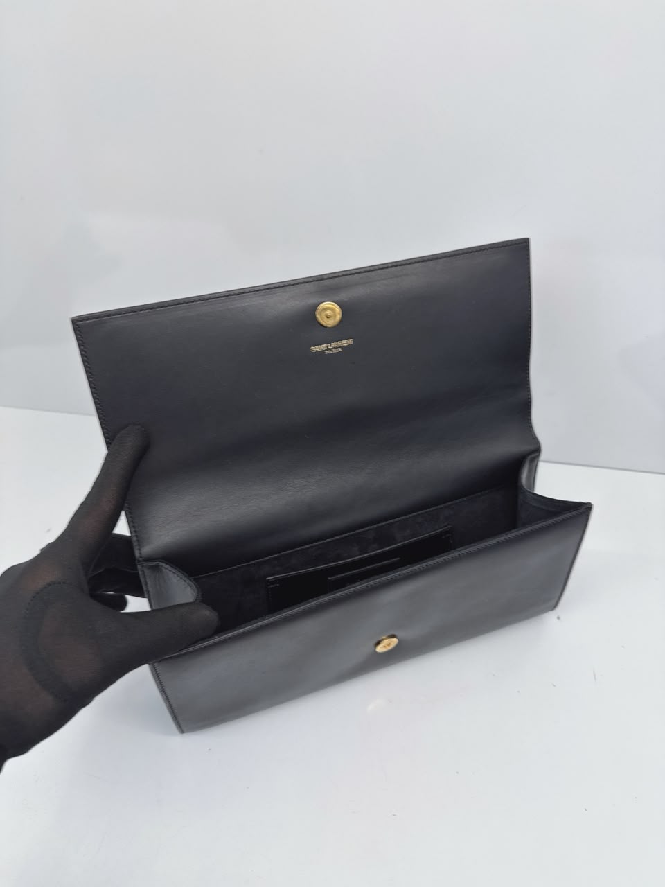BLACK LEATHER KATE FLAP CLUTCH BAG