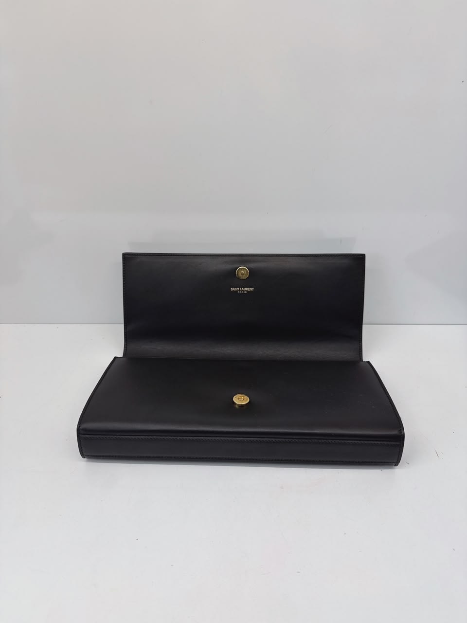 BLACK LEATHER KATE FLAP CLUTCH BAG