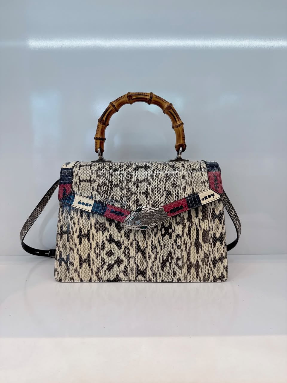 BEIGE SNAKESKIN MEDIUM LILITH BAMBOO TOP HANDLE BAG