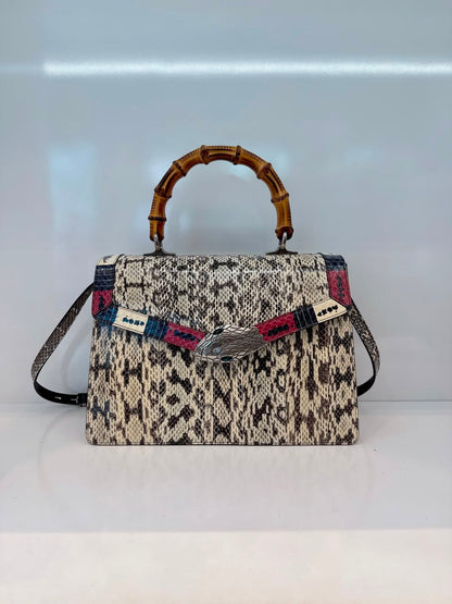 BEIGE SNAKESKIN MEDIUM LILITH BAMBOO TOP HANDLE BAG