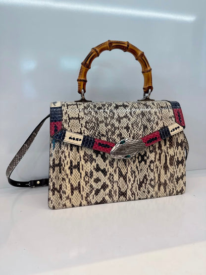 BEIGE SNAKESKIN MEDIUM LILITH BAMBOO TOP HANDLE BAG