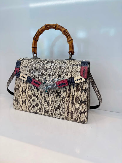 BEIGE SNAKESKIN MEDIUM LILITH BAMBOO TOP HANDLE BAG