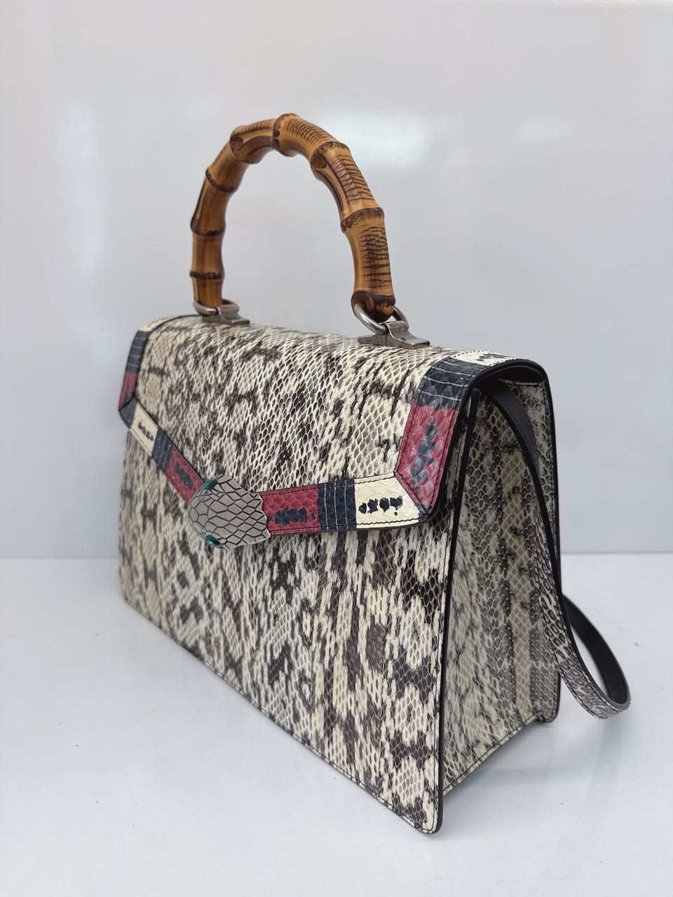 BEIGE SNAKESKIN MEDIUM LILITH BAMBOO TOP HANDLE BAG